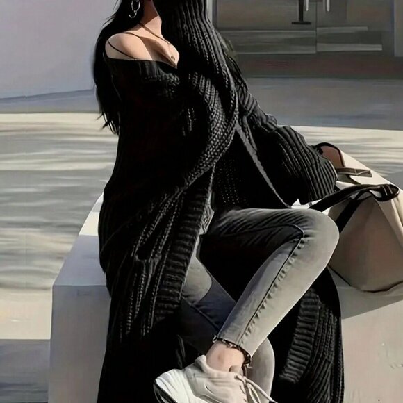 Black Casual Women's Open Front Loose Knit Cardigan - Picture 2 of 5